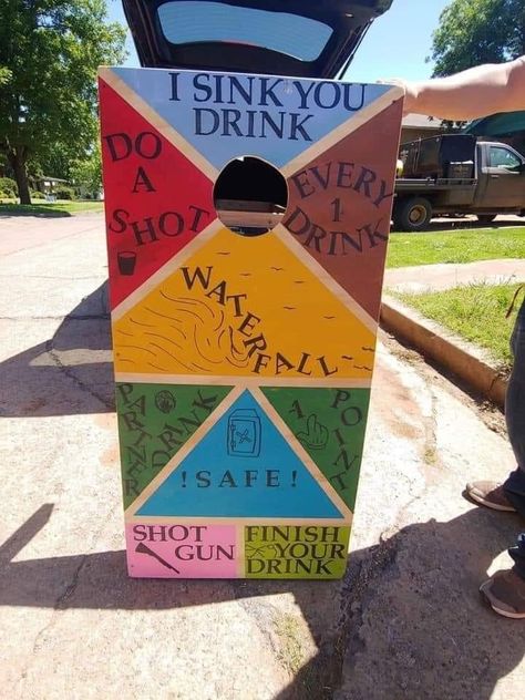 Idea on what to paint on your boards once you’ve made it (or had it made) Drinking Cornhole, Painted Corn Hole Boards, Drinking Board, College Crafts, What To Paint, Diy Cornhole Boards, Cornhole Boards Designs, Diy Yard Games, Corn Hole Diy