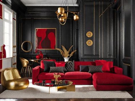 Red And Gold Living Room Ideas, Jazz Aesthetic Room, Red And Black Living Room Ideas, Man Living Room Ideas, Red Living Room Decor Ideas, Arabian Majlis, Loft Airbnb, Red And Black Decor, Red Furniture Living Room