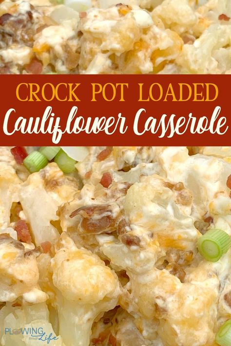 Loaded Cauliflower Casserole is so easy to makes a great vegetable for Thanksgiving and Christmas holiday meals!  As a bonus, it’s low-carb and keto! Tossing frozen cauliflower in the crock pot and topping it with shredded cheese, cream cheese, bacon and green onions tastes SO good and makes a super easy side dish! #cauliflower #sidedish #crockpot #keto #lowcarb Crock Pot Cauliflower Recipes, Low Cholesterol Crockpot Recipes, Crock Pot Veggie Recipes, Keri Crockpot Recipes, Crock Pot Low Carb Meals, Keto Crock Pot Meals, 9x13 Crockpot Recipes, Crock Pot Keto Recipes, Crockpot Keto Recipes