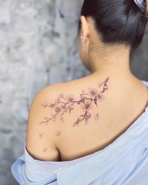 Cherry Blossom Vines Tattoo, Dragonfly And Cherry Blossom Tattoo, Cherry Blossom Side Tattoo, Cherry Blossom Tattoo Back, Sakura Tattoo Design, Sakura Tree Tattoo, Cherry Blossom Tattoo Men, Cherry Blossom Branch Tattoo, Tattoo Sakura