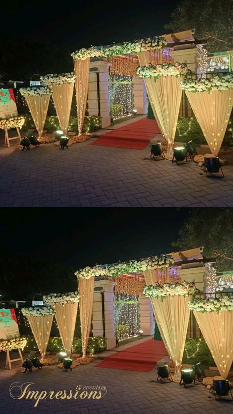 Marriage Hall Decoration, Stage Decoration Photos, Wedding Tent Decorations, Small Wedding Decor, Engagement Stage Decoration, Reception Stage Decor, Simple Stage Decorations, Night Wedding Decor, Gate Decoration