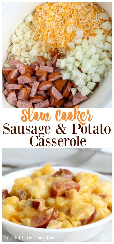 This Slow Cooker Sausage and Potato Casserole is a comfort dish that can be served for breakfast, lunch or dinner! Find the recipe at gracefullittlehoneybee.com Chicken Leg Slow Cooker, Cheeseburger Soup Slow Cooker, Sausage And Potato Casserole, Sausage Potato Casserole, Slow Cooker Sausage, Slow Cooker Teriyaki Chicken, Slow Cooker Casserole, Vegetarian Crockpot Recipes, Sausage Potatoes