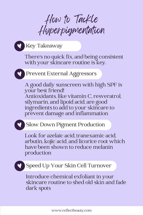 infographic on how to tackle hyperpigmentation How To Treat Hyperpigmentation, Hyperpigmentation Tips, Removing Hyperpigmentation, Fade Hyperpigmentation, Glossy Skin, Treating Hyperpigmentation, Daily Sunscreen, Reduce Hyperpigmentation, Azelaic Acid