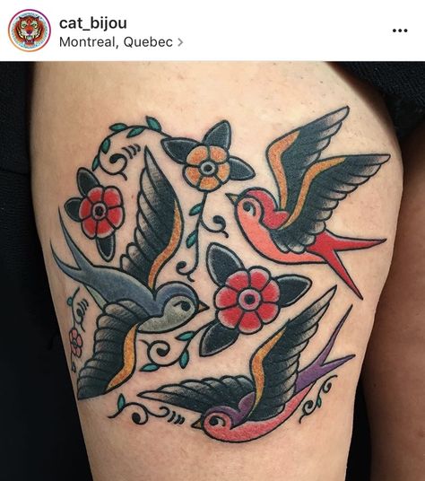 Swallow sparrow birds tattoo with flowers american traditional by cat bijou Swallow Sleeve Tattoo, Vintage Swallow Tattoo, Traditional Tattoos Birds, 3 Swallows Tattoo, American Traditional Bird Tattoo, Traditional Dove Tattoo, Traditional Sparrow Tattoo, Barn Swallow Tattoo, Traditional Bird Tattoo