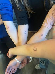 Friends Tattoo For 4, Tattoo Ideas Four People, Best Friend Tattoos Group Of 4, Group Matching Tattoos Friends, Tattoo Ideas Friends Group, 5 People Matching Tattoo Ideas, Tattoo Ideas For A Group Of 4, 4 Friend Tattoos Matching, Group Friends Tattoo Ideas