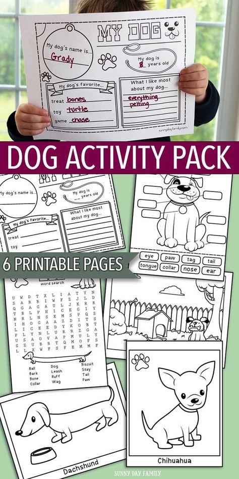 Printable Dog Activity Pack for kids! This 6 page printable set is perfect for a preschool pet theme, pet summer camp, dog themed birthday party, or just for fun. Includes 6 pages of interactive games and dog coloring pages. So much fun for little pet lovers! Puppy Themed Birthday Party Activities, National Pet Day Activities, Dog Themed Birthday Party Games, Diy Dog Party Decorations, Dog Days Of Summer Party Theme, Pet Activities, Dog Activity, Puppy Pawty, Dog Themed Birthday Party