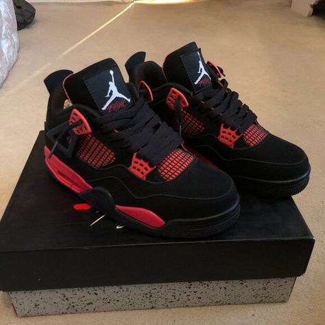 Jordan 4 Red Thunder Red Thunders, Jordan 4 Thunder, Jordan 4 Red Thunder, Duke Dennis, Casual Shoes Women Sneakers, Jordan 4 Red, Bday Wishlist, Red Thunder, Pretty Sneakers