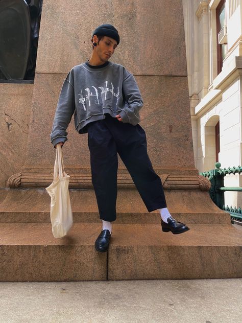 Sangiev sweater, zara trousers + loafers, Zara Loafers, Gender Neutral Style, Zara Trousers, Loafers Outfit, Neutral Style, Fall Fits, Cool Socks, Outfit Ideas, Fashion Inspo