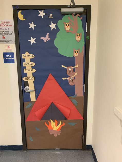 Camping Doors For Classroom, Tent Door Decoration, Camping Theme Classroom Door Decorating Ideas, Camp Out With A Good Book Bulletin Board, Camping Theme Hallway Decorations, Camp Door Decorations Classroom, Camp Theme Classroom Door, Classroom Door Camping Theme, Camping Classroom Door Ideas