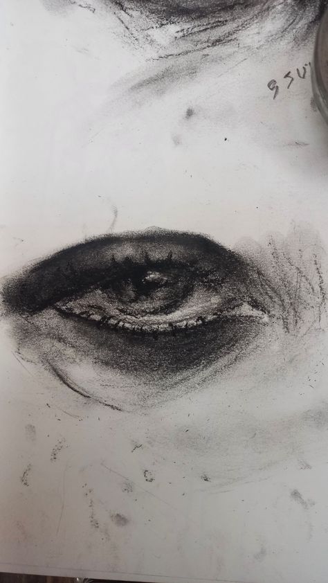 Charcoal Eyes Sketch, Eyes Charcoal Drawing, Easy Charcoal Drawings, Charcoal Eye, Abstract Sketches, Art Alevel, Sketching Ideas, Eye Sketch, Charcoal Portraits