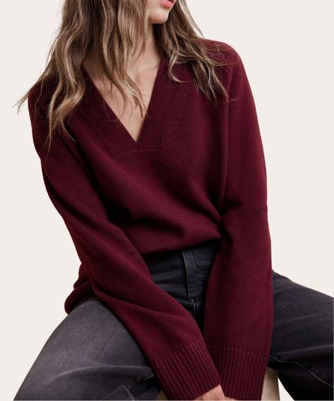 The Best Burgundy Fall Fashion Pieces of 2024 | The Everygirl Burgundy V Neck Sweater Outfit, Burgundy Knit Sweater Outfit, Burgundy Sweatshirt Outfit, Burgundy Top Outfit, Burgundy Outfit Ideas, Burgundy Sweater Outfit, Burgandy Sweater, Burgundy Knit Sweater, Knit Sweater Outfit