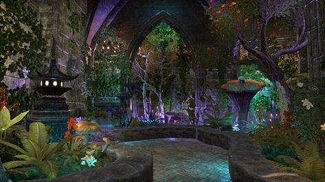 ESO HOUSING - Black Vine Villa - Indoor Garden Eso Housing Ideas, Water Fall Garden, Eso Houses, Eso Housing, Skyrim Special Edition Mods, Nice Garden, Housing Ideas, Garden Waterfall, Elder Scrolls Online