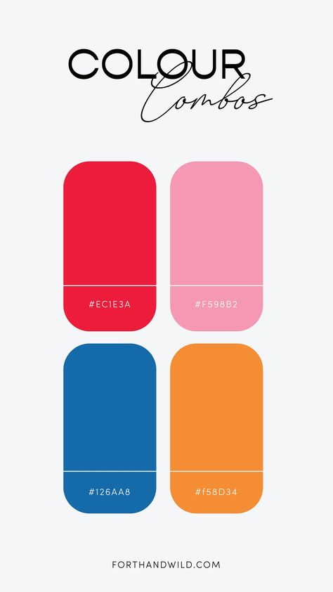 Colour palette made up of pink, red, blue and yellow. Bold Colour Palette, Hex Color Palette, Color Palette Yellow, Red Colour Palette, Pink Color Schemes, Pink Palette, Blue Palette, Colour Combos, Color Palette Pink