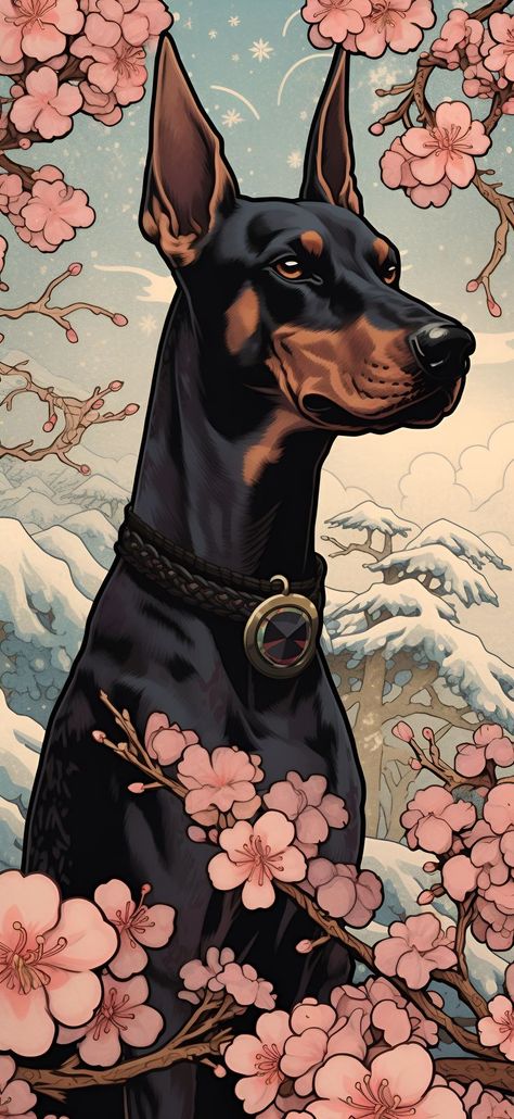 A Ukiyo-E style depiction of a Doberman Pinscher in the snowy mountains, perfect as an aesthetic phone wallpaper. Praise And Worship Aesthetic Wallpaper, Perro Doberman Pinscher, Majestic Dog, Doberman Tattoo, Aesthetic Wallpaper Iphone, Puppy Art, Dog Icon, Doberman Dogs, Canine Art