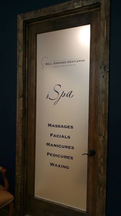 The door to your sanity, at The Well Groomed Gentleman it is very important to find your bliss. Beyond this door is private rooms to enjoy your massage, facial, waxing, manicure or pedicure. Spa Door Design, Esthetician Door Signs, Business Door Decal Ideas, Spa Window Display, Spa Door, Spa Sign, Massage Room Design, Hot Tub Room, Spa Room Decor