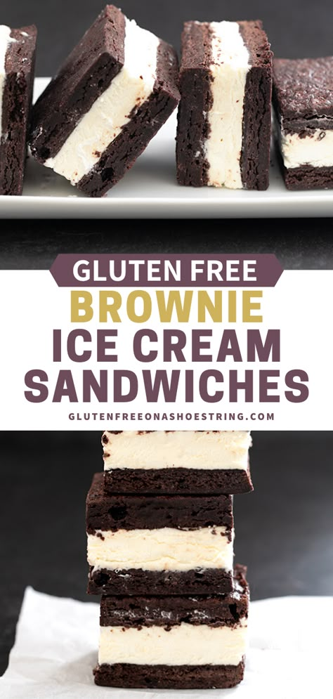 These decadent gluten free brownie ice cream sandwiches are made with the fudgiest brownies split between two pans, baked, and layered with homemade no churn vanilla ice cream. #Dessert #Baking #GlutenFree Gluten Free Homemade Ice Cream, Gf Ice Cream Cake, Ice Cream Cake Gluten Free, Brownie Ice Cream Sandwiches, Gluten Free Ice Cream Desserts, Gluten Free Ice Cream Cake Recipes, Gluten Free Dessert Ideas, Gluten Free Frozen Desserts, Gluten Free Ice Cream Cake