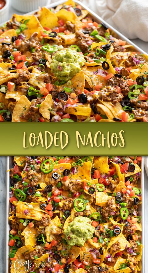 loaded nachos on a tray Fully Loaded Nachos, Oven Nachos Ground Beef, Nachos For Party, Nacho Bar Ideas Parties, Lazy Casserole, Nachos Dinner, Mexican Finger Foods, The Cozy Cook Recipes, Nacho Appetizer