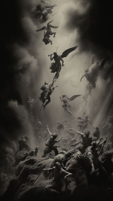 Angels Vs Demons Battle, Past And Future Illustration, Angelic Wallpapers Aesthetic, Black And White Jesus Aesthetic, Jesus Wallpaper Black And White, Dark Jesus Wallpaper, Dark Greek Aesthetic, Yunani Art, Black Angel Wallpaper