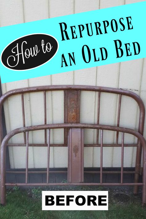 Bed Frame Crafts Projects, Iron Bed Repurpose, What To Do With Old Bed Frames, Diy Bed Frame Bench, Bench Made From Bed Frame, Metal Headboard Bench Diy, Headboard Flower Bed Ideas, Repurposed Iron Bed Frame, Recover Bed Frame