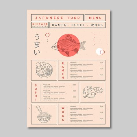 Menu template for japanese food restaura... | Free Vector #Freepik #freevector Instagram Menu Post, Japan Menu Design, Menu Aesthetic Design, Japanese Restaurant Menu Design, Menu Design Aesthetic, Asian Menu Design, Japanese Restaurant Menu, Menu Design Layout, Restaurant Graphics