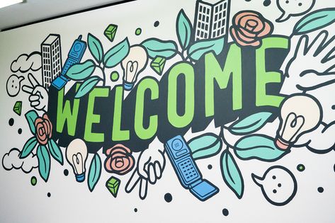 Instagram Mural, Mural Cafe, Office Mural, Office Wall Design, Cafe Wall Art, School Murals, Pintura Exterior, School Painting, Graffiti Murals