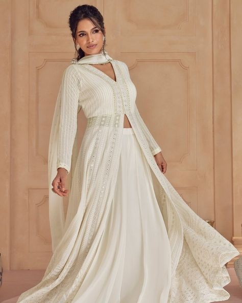 White Pure Georgette designer dress skirt style with detailed embroidery Lucknowi Embroidery, Georgette Palazzo, Long Anarkali, Bridal Dupatta, Muslim Wedding Dress, Abaya Style, Party Wear Gown, Muslim Bride, Kurta Dress