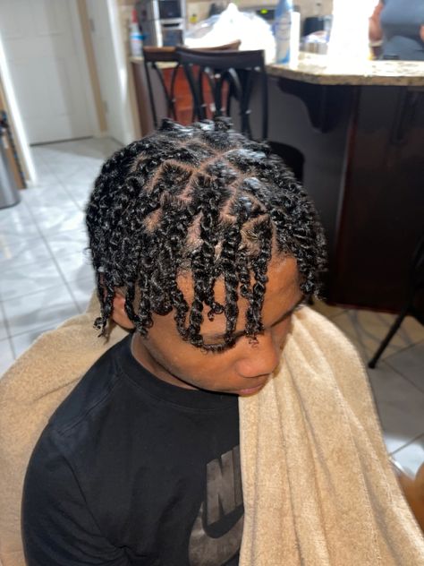 Two stranded twist on African American black boy 2 Strand Twist Short Hair, 2 Strand Twist Men, Hair Twists Black, Afro Hairstyles Men, Short Hair For Boys, Natural Hair Men, Braids Men, Cornrow Hairstyles For Men, Hair Twists