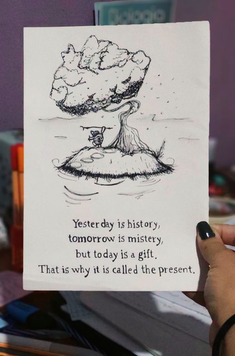 "Yesterday is history, tomorrow is mistery, but today is a gift. That is why it is called the present." Master Oogway Art, Master Oogway Drawing, Kung Fu Panda Tattoo Ideas, Master Oogway Tattoo, Motivational Sketches, Oogway Tattoo, Master Oogway Quotes, Teachers Day Drawing, Yesterday Is History