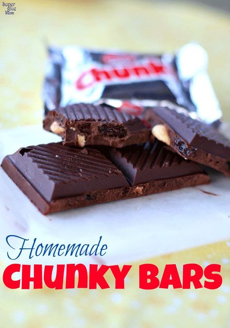 Homemade chunk bars - chocolate raisins peanut recipe | SuperGlueMom.com Chunky Candy Bar Recipe, Vanilla Bean Scones, Chunky Bar, Candy Bar Recipe, Chocolate Raisins, Homemade Snickers, Nutter Butter Cookies, Peanut Recipes, Candy Recipes Homemade