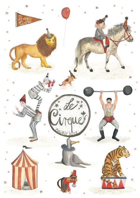 Circus Illustration, Carnival Of The Animals, Baby Barn, Circus Birthday Party, Circus Animals, Mobile Art, Word Wall Art, Circus Birthday, Circus Theme