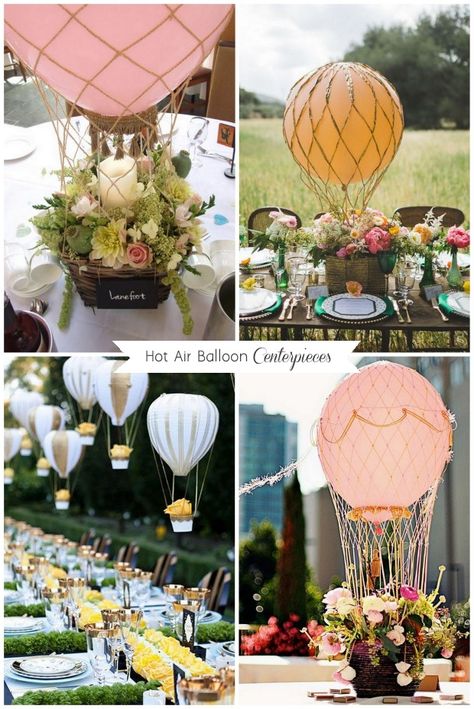 wedding-balloon-ideas-hot-air-balloon-centerpiece-weddingsonline Hot Air Balloon Wedding Theme, Hot Air Balloon Centerpieces, Hot Air Balloon Wedding, Diy Hot Air Balloons, Hot Air Balloon Decorations, Wedding Balloon Decorations, Baptism Ideas, Balloon Birthday, Balloon Centerpieces