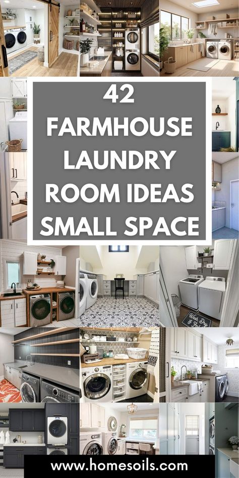 Transform your small laundry room into a farmhouse retreat with rustic shelves, sliding barn doors, and charming wicker baskets. Maximize storage and style in limited space! Country Utility Room Ideas Farmhouse, Laundry Craft Room Office Combo, Basement Small Laundry Room Ideas, Small Laundry Room Doors, Simple Farmhouse Ideas, Laundry Room With Open Shelves, Laundry And Mudroom Ideas, Small Mudroom With Laundry, Laundry Room Design Small Layout