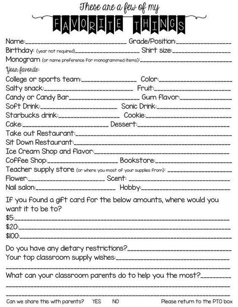 Get to know your child's teacher with this teachers favorites questionnaire!   This will help make all those gifts throughout the year be just what she wants!:: Favorites Questionnaire, Teacher Questionnaire, Work Team Building, Teacher Forms, My Hobbies, Secret Sisters, Staff Appreciation, All About Me, Teacher Appreciation Week