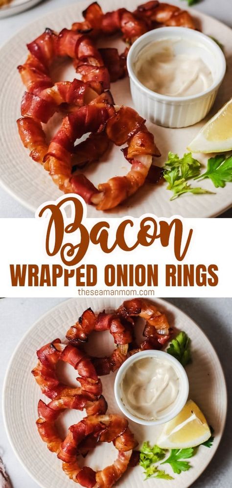 Onion Ring Appetizer, Bacon Wrapped Food Ideas, Bacon Wrapped Appetizers Ideas, Bacon Appetizers Parties Food, Cheesy Bacon Onion Rings, Bacon Themed Food, Cheese Bacon Onion Rings, Bacon Wrapped Vegetables, Oven Onion Rings