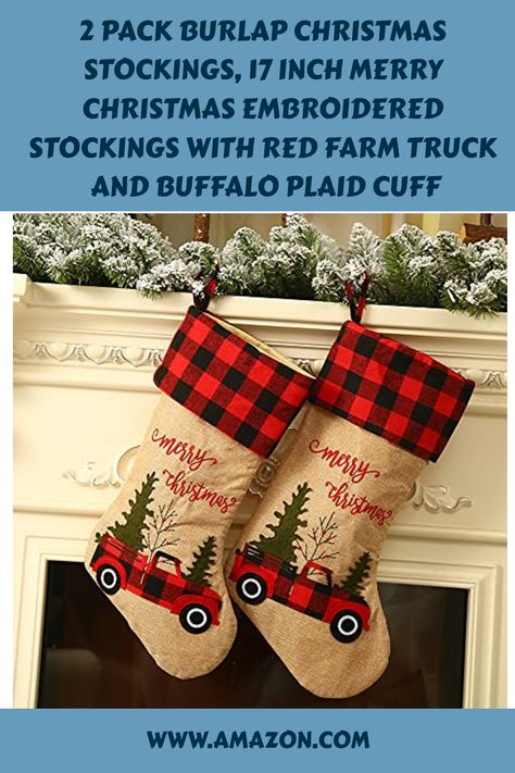 Experience the cozy charm of Christmas with our soft and stylish stockings! Crafted from a blend of check cloth, non-woven cloth, and linen cloth, these stockings feature a red and black buffalo plaid cuff design that adds a traditional touch to your holiday decor. With lovely Christmas elements and colors, they exude classic and rustic vibes. The stockings showcase an embroidered red truck tree and "Merry Christmas" design, bringing a warm holiday atmosphere to your home. Christmas Stocking Decorations, Burlap Christmas Stockings, Plaid Christmas Stockings, Embroidered Stockings, Burlap Stockings, Large Christmas Stockings, Holiday Mantel, Holiday Christmas Party, Gift Holders