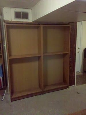 Billy Bookcase door hides furnace or closet or secret room. - IKEA Hackers Billy Bookcase With Doors, Furnace Room, Hidden Closet, Utility Room Designs, Billy Bookcases, Basement Office, Basement Laundry Room, Bookcase Door, Secret Room