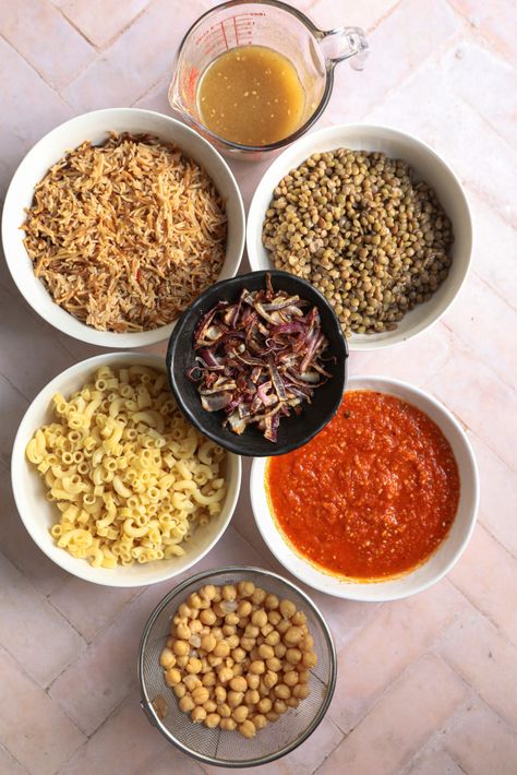 Egyptian Koshari/Kushari - Delicious combo of Carbs Egyptian Koshari, Egyptian Koshari Recipe, Koshari Recipe, Vermicelli Pasta, Lentils Rice, Spiced Lentils, Lentil Pasta, Lentils And Rice, Spicy Tomato Sauce