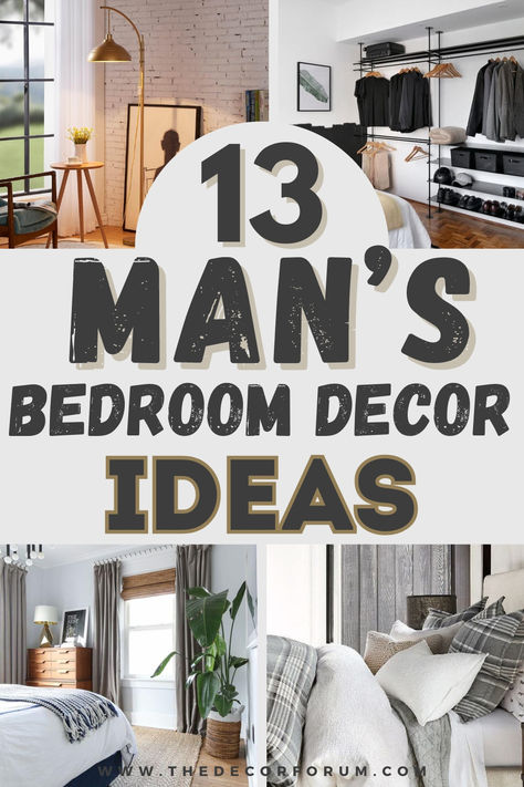 13 Best Ways To create A Modern Masculine Bedroom with tips like how to choose a masculine color palette, the industrial style that men love, how to coordinate bedding, creating amazing ambience and mood in your room, and more. Masculine Bedroom Accent Wall, Men’s Wall Decorations, Men’s Modern Bedroom, Masculine Guest Bedroom Ideas, Boys Apartment Bedroom Ideas, Mens Bathroom Decor Bachelor Pads, Men’s Bedroom Style, Young Adult Bedroom Male, Men’s Aesthetic Bedroom