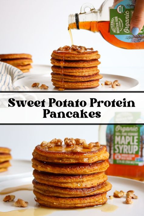 Protein Sweet Potato Pancakes, Shawn Stevenson Recipes, High Protein Sweet Potato Recipes, High Protein Sweet Breakfast, Protein Sweet Potato, Sweet Potato Pancakes Recipe, Healthiest Protein Powder, Protein Ideas, Sweet Potato Waffles