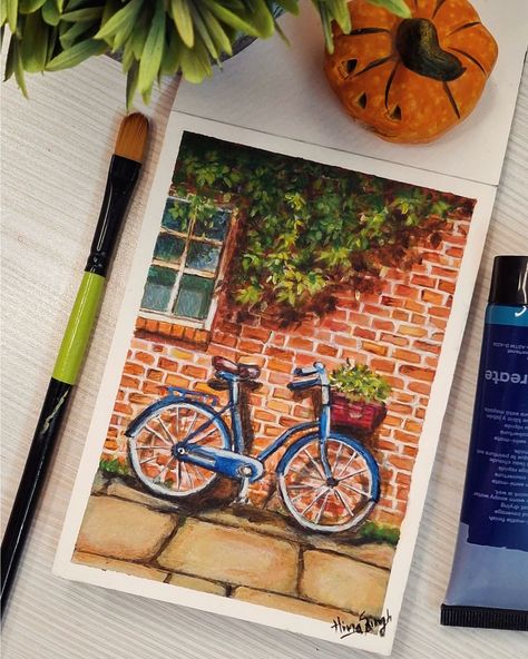 💙The Blue Bike💙 - Want to make your painting POP? Use complementary colors!! In this painting the blue of the bike perfectly complements the brown/orange brick wall making it stand out 🧱💙 Also coming up- process video for this painting, follow @hinas_canvas_stories for more! Acrylic paints by @montmarteart Canvas pad by @factornotes #acrylicpaintings #brickwallpainting #bluebike #complementarycolours #acrylictips #paintingtip #tapepeeling #paintingoftheday #artwork #bikepainting #canvass... Blue Bike, Orange Brick, Acrylic Tips, Complementary Colors, Painting Tips, Brown Orange, Acrylic Paints, Brick Wall, Wall Painting