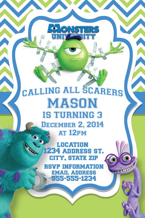 Monster University Birthday Invitation #MonsterU #MonsterUniversity #monsteruniversityinvite #personalize #custom #personalizeinvite #mike #sully #randall #birthdayinvite #callingallscarers #etsybestseller #graphicdesign #alexandermasondesigns #birthdayinvitation Monsters Inc Decorations, Monster University Birthday, Monster Co, Monster Inc Birthday, Monsters University, Monster University, Printable Birthday Invitations, Monsters Inc, Waterproof Stickers