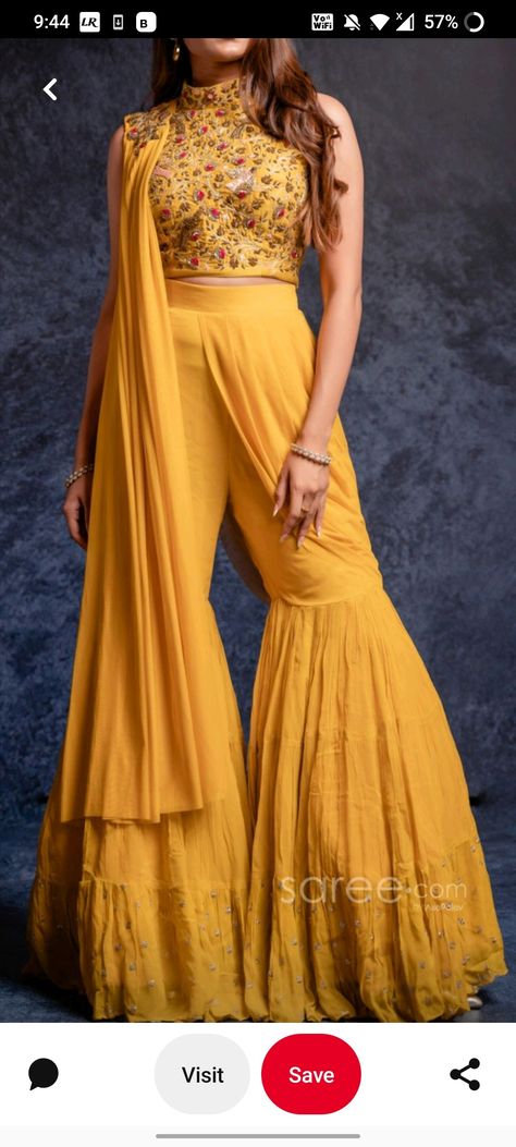 Sharara Designs For Haldi, Dress Indian Style For Haldi, Suit Designs Sharara, New Pattern Kurti Design With Pant, Wedding Dresses Sharara, Haldi Outfit Sharara, Yellow Sharara Designs, Stylish Sharara Designs For Wedding, Sharara With Crop Top For Wedding