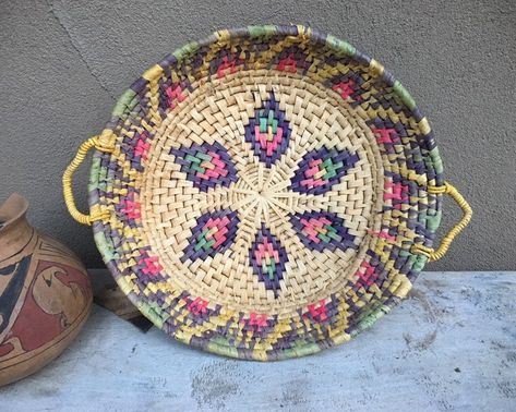 Handmade Baskets Weaving, Gallery Wall Hanging, Raffia Basket, Colorful Bohemian, Pine Needle Baskets, Basket Wall Decor, Basket Tray, Hacienda Style, Mexican Decor