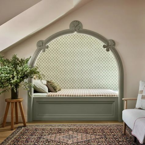 Interiors 2023, Alcove Bed, Golden Slumbers, Cement Floor Tiles, Sleeping Nook, Bed Nook, Murs Roses, Custom Bookshelves, Farrow & Ball