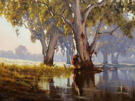 Morning Light Painting, Australian Landscape Painting, Sycamore Trees, Impressionistic Paintings, Temple Painting, Movie Illustration, Gum Trees, Colorful Landscape Paintings, Australian Painting