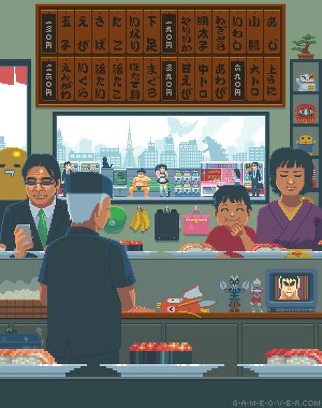 Typical day in japan Running Sushi, Revolving Sushi, Conveyor Belt Sushi, Random Humor, Pixel Art Background, Pixel Animation, Bedroom Wall Collage, Conveyor Belt, Sushi Bar