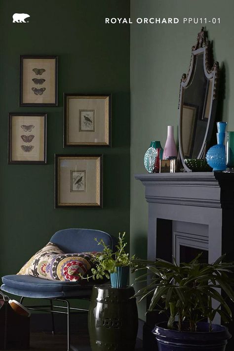 Make your home your own quiet haven with these rich, evocative colors from our Quiet Haven palette. Making a statement is easy with expressive dark colors like Nocturne Blue HDC-CL-28, Broadway  PPU18-20, Royal Orchard PPU11-01 and Barnwood Gray PPU24-07. Click below to learn more. Farrow And Ball Inchyra Blue, Behr Color Trends, Green Room Decor, Inchyra Blue, Behr Colors, Behr Paint Colors, Trending Paint Colors, Colour Trends, Green Walls