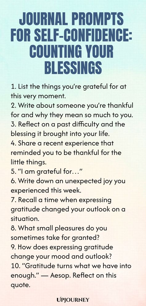 Explore the power of gratitude with these journal prompts that focus on building self-confidence. By counting your blessings, you can cultivate a positive mindset and boost your self-esteem. Use these prompts to reflect on all the wonderful aspects of your life that contribute to your growth and well-being. Embrace the practice of gratitude and watch how it transforms your perspective on yourself and the world around you. Start journaling today to unleash a newfound sense of self-confidence! Self Esteem Journal Prompts, Self Esteem Journal, Journaling Routine, Work Etiquette, Ways To Be Happy, Psychology Terms, Relationship Quizzes, Power Of Gratitude, Journal Questions