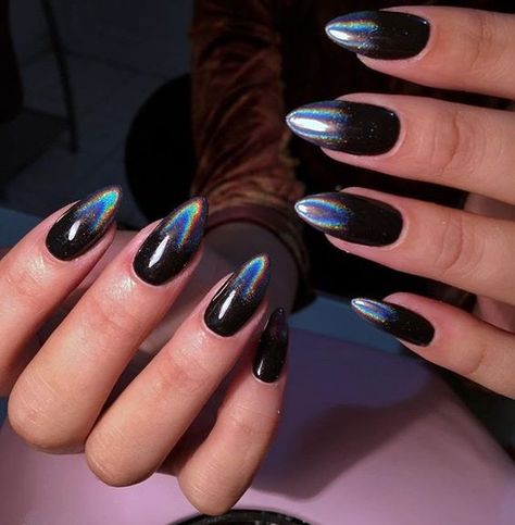 2024 Spring Nails Chrome & Trendy Designs | Hailey Bieber Inspired Nail Ideas Black Sparkly Ombre Nails, Black Iridescent Nails, Spring Nails Chrome, Chorme Nails, Sparkly Black Nails, Holographic Nail Designs, Black Chrome Nails, Holo Nails, Nails Chrome