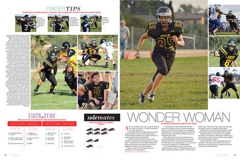 spread inspiration Yearbook Headlines, Yearbook Photography, Yearbook Design Layout, Newspaper Ideas, Teaching Yearbook, Yearbook Template, Yearbook Class, Yearbook Spreads, Football Books